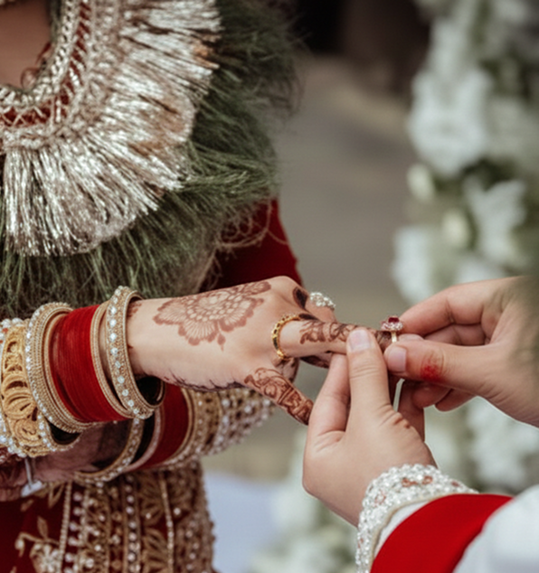 Bride and groom in traditional Nepali wedding attire